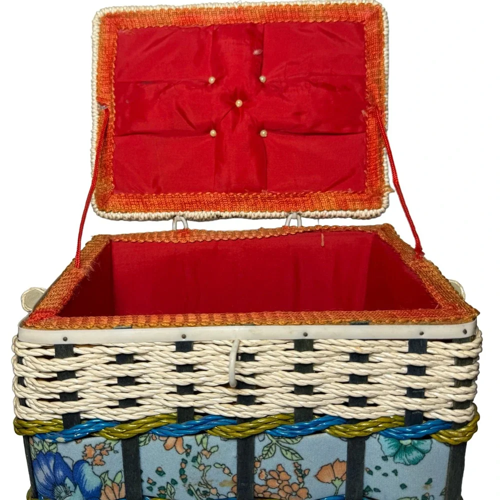 Mid Century Wicker Sewing Basket Floral Fabric Red Satin Lining Cottagecore
